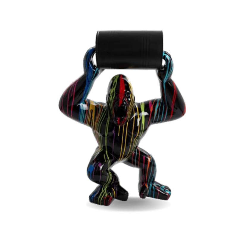 Statue Gorille avec Baril Noir Multicolore 140cm I Le Monde Des Statues 